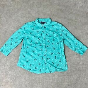 Karen Scott Hummingbird Aqua w/ White Polka Dots 3/4 Sleeve Blouse Womens Large